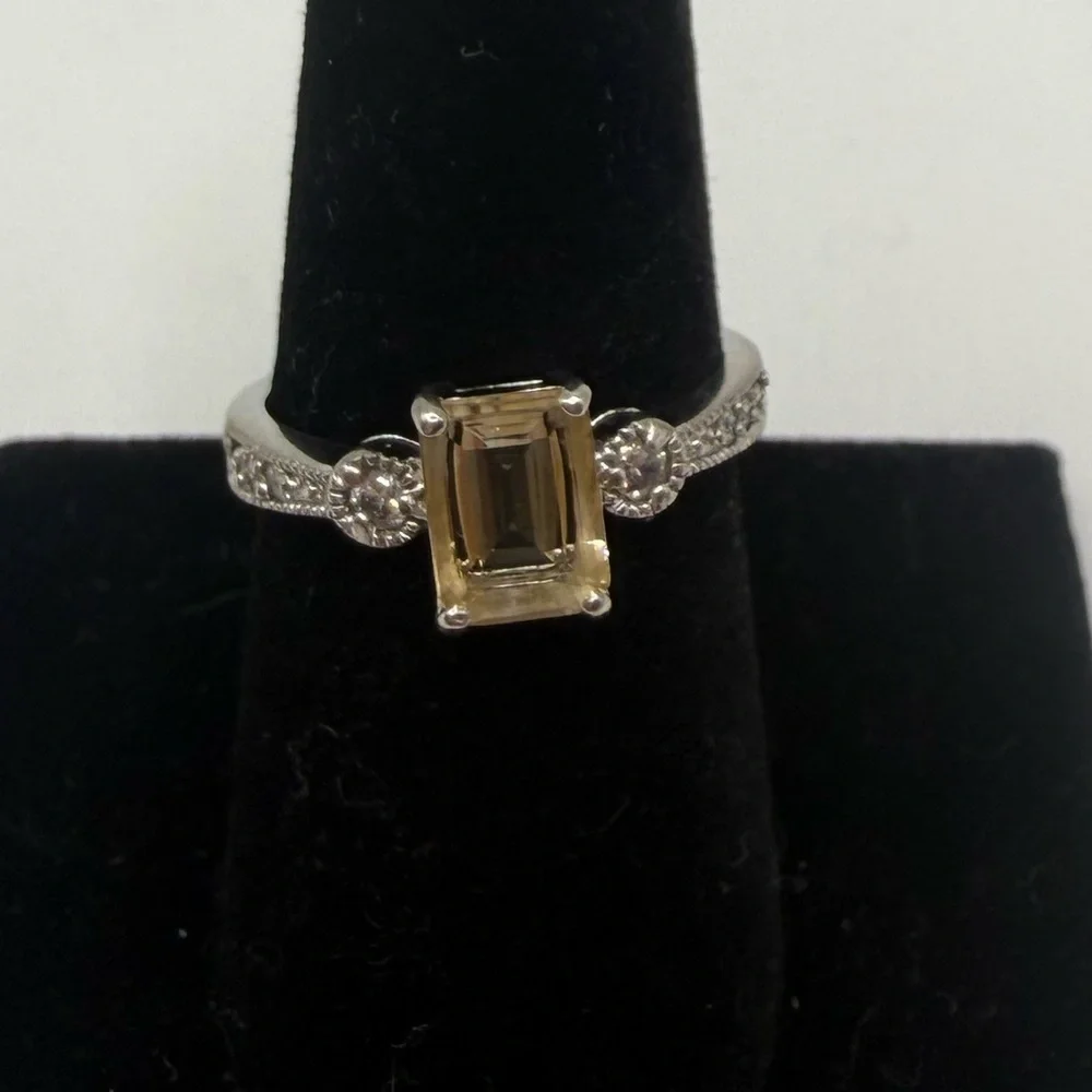 Sterling Silver 925 Champagne Emerald Cut CZ Ring Size 7.75
